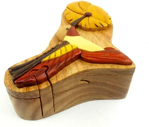 Miniatura 5 de Hummingbird & Flower - Caja de rompecabezas de Intarsia de madera natural, hecha a mano con compartimento secreto