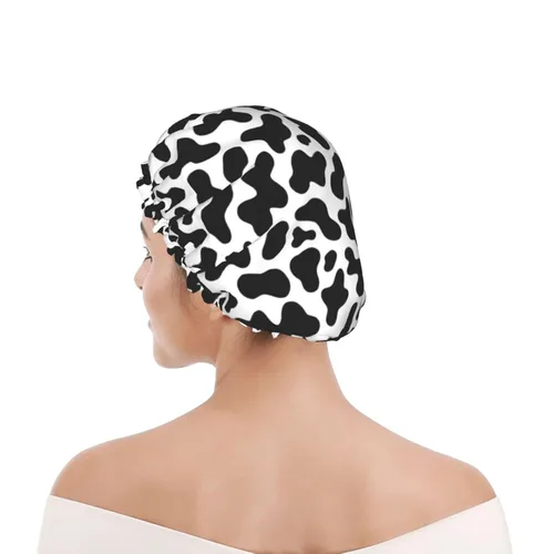 Miniatura 8 de Gorro de ducha de granja de animales abstractos de piel de vaca en blanco y negro para mujer, doble capa impermeable ajustable, gorra de baño