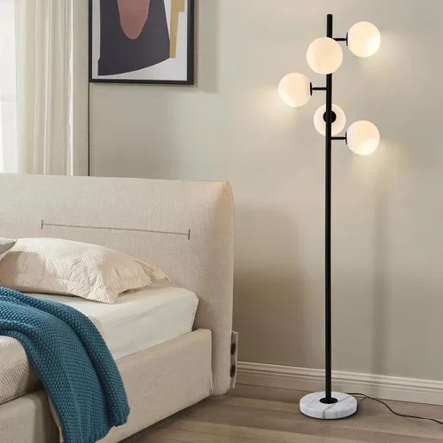 Miniatura 4 de KCO Lighting Five Globe - Lámpara de pie moderna de mediados de siglo, pantalla de vidrio de leche, acabado negro, base de mármol para sala de estar