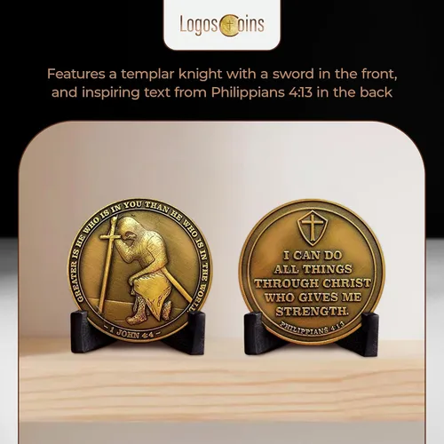 Miniatura 5 de The Task Ahead Coin, paquete a granel de 10, I Can Do All Things, monedas de desafío, chapado en oro antiguo, con un caballero templario arrodillado