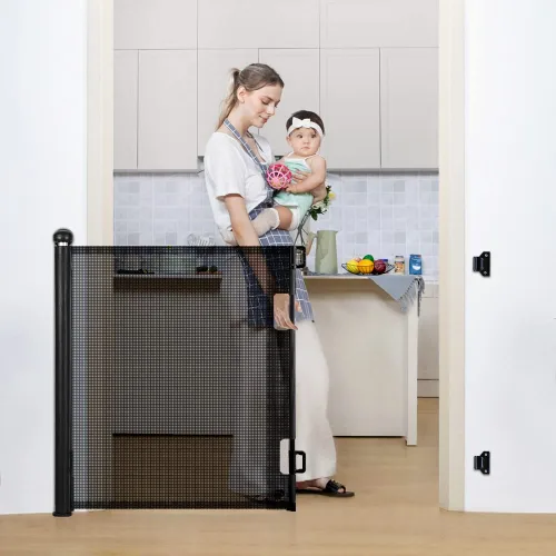 COMOMY - Puerta retráctil para bebé para escaleras, puerta de malla de 0-55" para mascotas para puertas y pasillos de la casa, puerta de seguridad