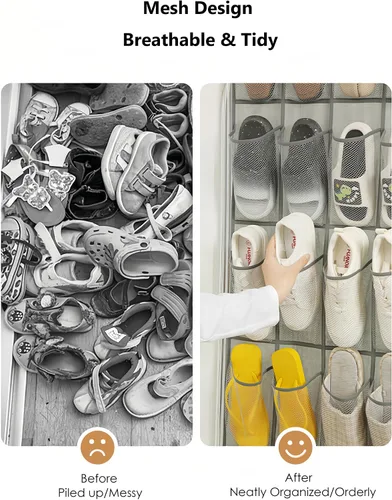 Miniatura 3 de Organizador de zapatos de 64 x 19 pulgadas para colocar sobre la puerta con 24 bolsillos de malla y 3 ganchos, almacenamiento plegable para zapatos