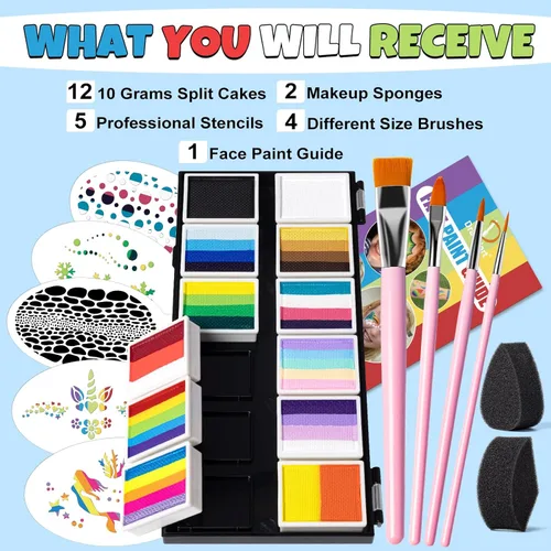 Miniatura 3 de Drawdart Kit profesional de pintura facial para niños y adultos, paleta de pintura facial Split Cake 12 x 10gm con plantilla, juego de pintura 12