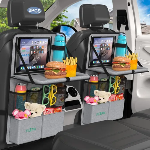 Miniatura 8 de Organizador de asiento trasero de automóvil Plzpik con soporte para tableta, 11 bolsillos de almacenamiento con bandeja plegable para alimentos