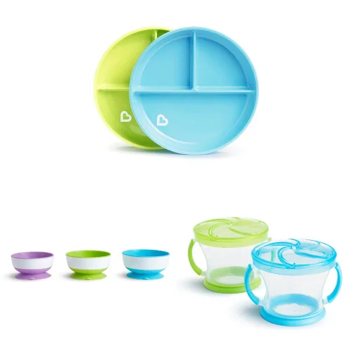 Munchkin® Stay PutTM - Platos de ventosa, cuencos y vasos de aperitivos para niños pequeños (azul/verde/morado)