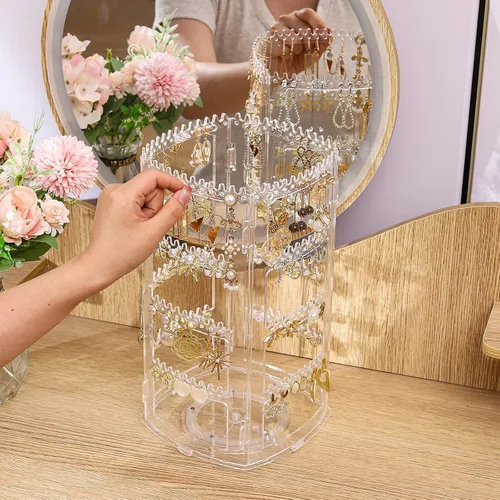 Miniatura 4 de SuoXing Organizador de aretes giratorio de 360 grados y exhibidores de joyas, estante transparente para aretes, collares, pulseras, carrusel, torres
