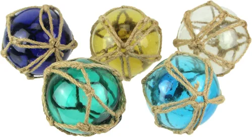 Miniatura 2 de Juego de 5 flotadores de pesca de cristal inspirados en la costa con detalles de cuerda, encantadores adornos náuticos de estilo antiguo