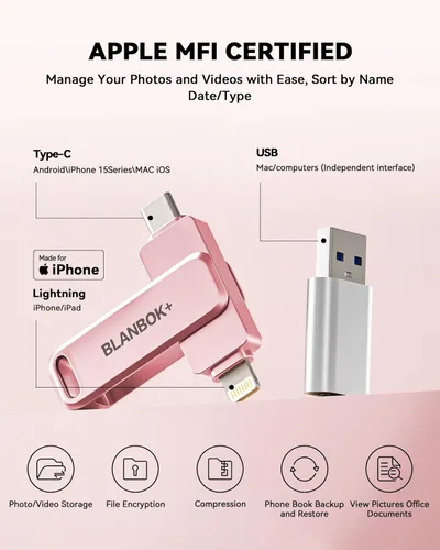 Miniatura 2 de Memoria USB para Fotos de iPhone de 256GB con Certificación MFi, Unidad Flash USB para Respaldo de Fotos/Videos, Memoria USB de Alta Velocidad Rosa