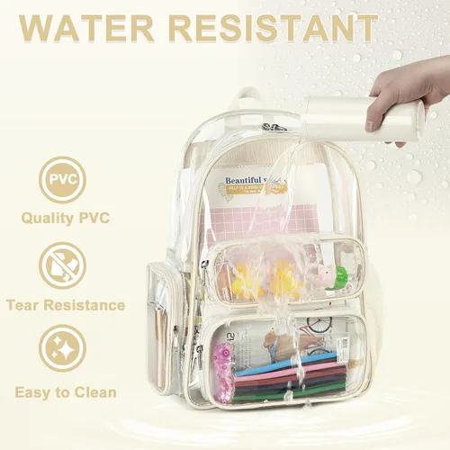 Miniatura 5 de CAMTOP Mochila transparente resistente y transparente para estudiantes, escuela, trabajo, festival, viajes, deportes, Beige, Mediana, Camtop Mochila