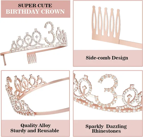 Miniatura 5 de Decoraciones de cumpleaños de 3 años para niñas; banda, corona/tiara, velas y adorno para pastel de cumpleaños de 3 años; regalos y decoraciones