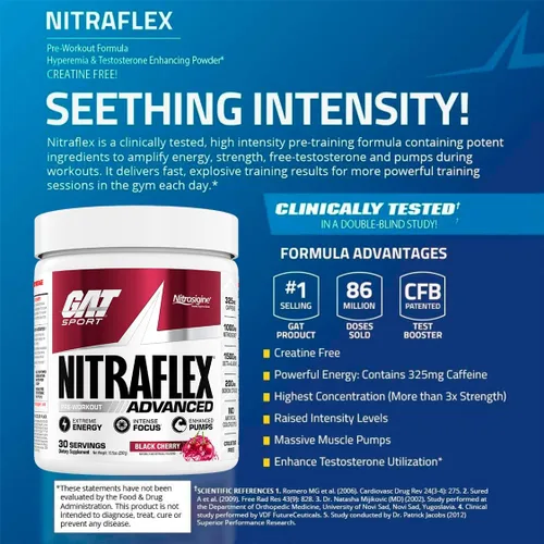 Miniatura 3 de GAT SPORT Nitraflex Advanced - Polvo para antes del entrenamiento, aumenta el flujo sanguíneo, aumenta la fuerza y la energía, mejora el rendimiento