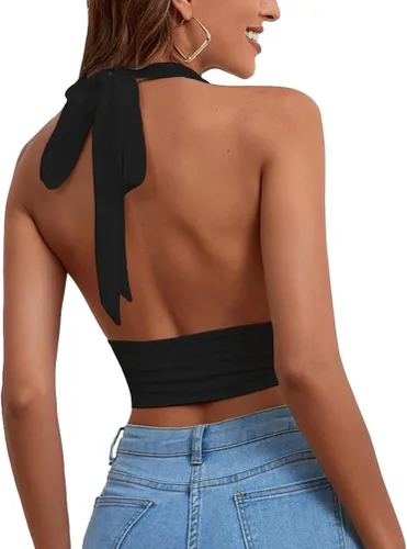 Miniatura 2 de Rooscier Top corto sin mangas con cuello en V profundo para mujer, espalda descubierta