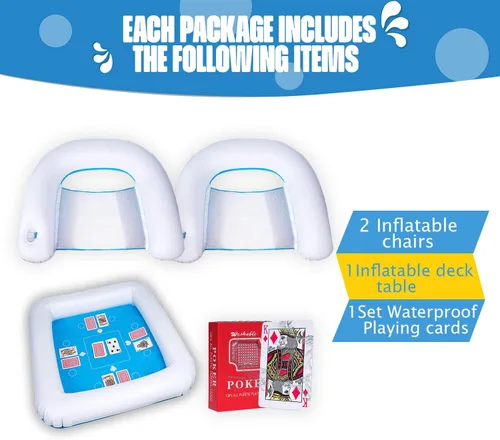 Miniatura 3 de ZONETECH Mesa de juego inflable y sillas con cartas de juego impermeables, mesa flotante para piscina para adultos, familia, fiesta, juego
