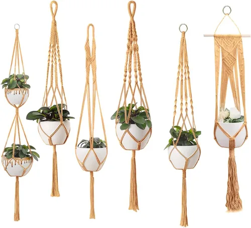 Miniatura 16 de Feedee Ganchos de macramé para plantas, paquete de 6, color negro, interior/exterior, algodón