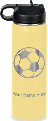 Miniatura 23 de LaserGram Botella de agua personalizada, pelota de fútbol, acero inoxidable de doble pared aislada al vacío con popote superior, regalo grabado