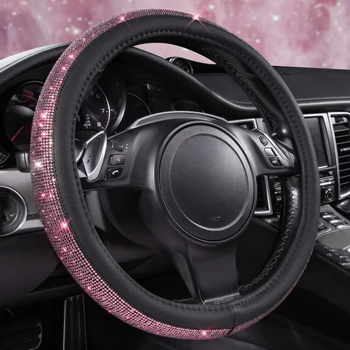 Miniatura 25 de CAR PASS - Funda de volante con diamantes brillantes de imitación y patrón de leopardo, con cristales de imitación brillantes para mujer