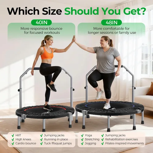 Miniatura 8 de BCAN SP2 - Mini trampolín plegable de 40/48 pulgadas, carga máxima de 330 libras/440 libras, rebote de fitness con mango de espuma ajustable