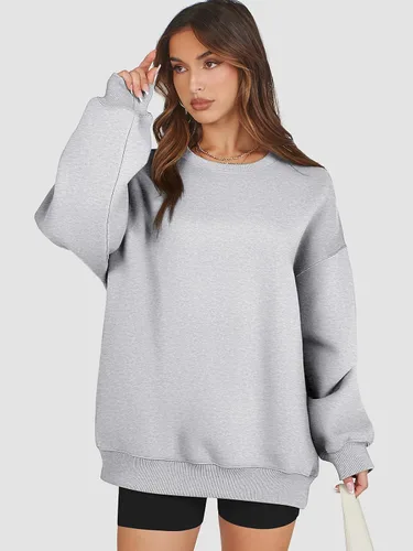 Miniatura 2 de ATHMILE Sudadera de gran tamaño para mujer, cuello redondo, forro polar, manga larga, sudaderas con capucha, tops de otoño, ropa de moda 2024