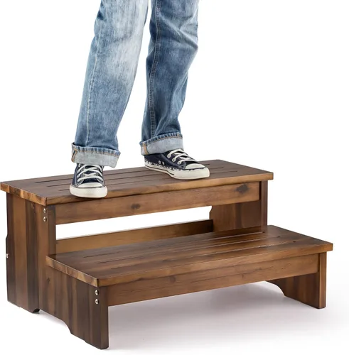 Miniatura 8 de TINAMO Taburete de 25 pulgadas de largo para adultos y niños, taburete de dos escalones de madera de acacia, 500 libras, elevador de madera de 2