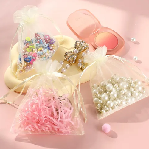 Miniatura 5 de Hopttreely 100 bolsas de organza, 4''x4.72'' bolsitas de organza de satén amarillo pastel con cordón para favores de boda y fiesta, bolsa de regalo