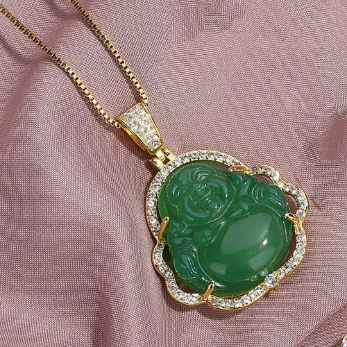 Miniatura 3 de Collar con dije de Buda de jade verde, collar deslumbrante con piedras de circonia cúbica y Buda que se ríe