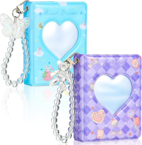 2 piezas de álbum portafotos de 3 pulgadas, mini álbum para tarjetas Kpop con corazón en forma de amor, portafotos hueco con colgante, mini libro de
