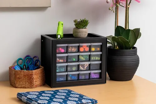 Miniatura 5 de IRIS USA Organizador de Cajones Pequeños de Plástico, 16 Cajones, Caja de Herramientas Apilable para Maestros, Organizador de Lápices, Partes Negro