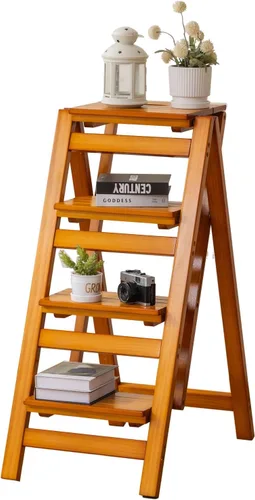 Miniatura 12 de Latifolia Escalera plegable de 3 escalones, taburete de madera con protector de suelo, estante decorativo para sala de estar, cocina, jardín (nogal)