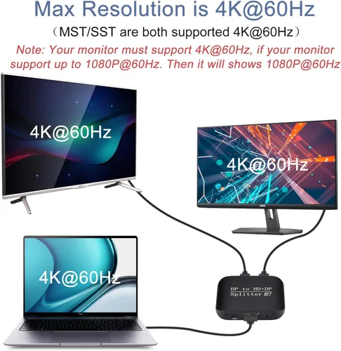 Miniatura 5 de Adaptador divisor DisplayPort a HDMI + DisplayPort compatible con modo extendido/espejo MST, 4K @60Hz DP a DP + salida HDMI 4K, concentrador
