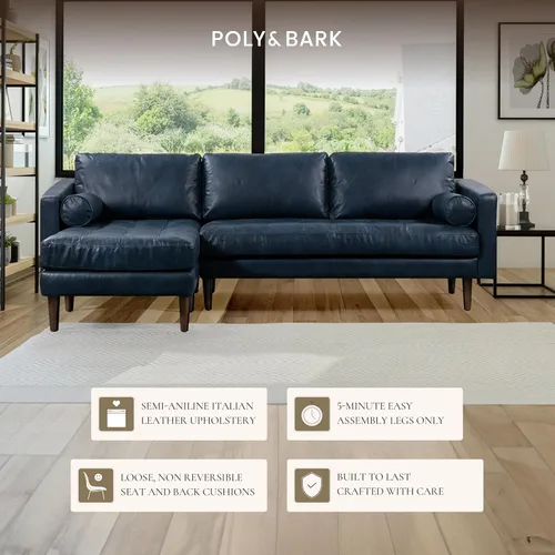 Miniatura 5 de Poly & BARK Napa - Sofá seccional de 104.5 pulgadas, orientado a la izquierda, piel italiana pura anilina de grano completo, color azul medianoche