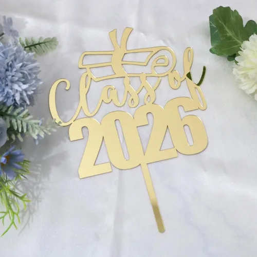 Miniatura 6 de Decoración acrílica para tartas de clase 2026 con espejo, felicitaciones graduadas, decoraciones de fiesta de graduación con purpurina dorada