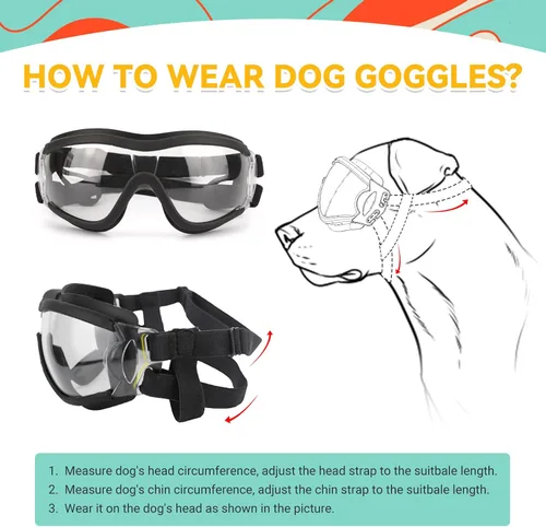 Miniatura 6 de Gafas de sol para perros de razas grandes, juego de 2 piezas de protección UV negra y transparente, resistente al viento para perros medianos a