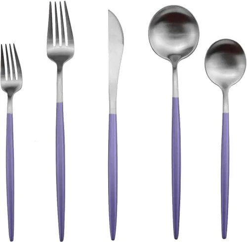 Miniatura 3 de Juego de cubiertos de lujo, 20 piezas de acero inoxidable 18/10 con mango morado mate para 4 personas, incluyendo tenedores, cucharas, cuchillos