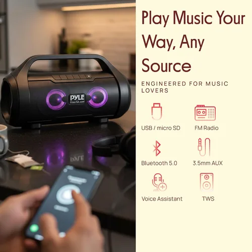 Miniatura 9 de Pyle Altavoz portátil Bluetooth Boombox – 40 W de potencia máxima, 2.0 canales recargable estilo barril altavoz con TWS, luces LED – entrada AUX