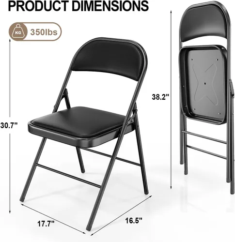 Miniatura 3 de VINGLI Paquete de 4 sillas plegables con asientos acolchados, marco de metal con asiento y respaldo de piel sintética, capacidad de 350 libras, Negro