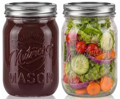 NutriChef Paquete de 2 tarros Mason de 16 onzas con tapas, tarros de vidrio grueso con tapas de acero inoxidable, ideales para especias, preparación