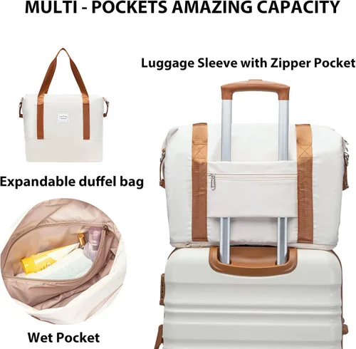 Miniatura 5 de LONG VACATION Juego de equipaje de 4 piezas de ABS hardshell TSA Lock Spinner Ruedas equipaje de mano en maleta, Blanco (White-Brown), Abs Hardshell