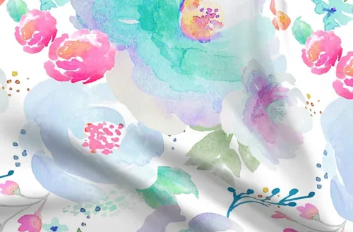 Spoonflower Tela – Floración floral azul púrpura rosa acuarela floral estampado en tela de gasa cuarto gordo – costura moda vestidos decoración del