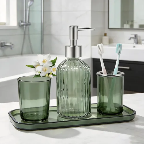 Miniatura 6 de Dispensador de jabón de vidrio verde para baño y cocina, dispensador de jabón líquido recargable de manos de 14 onzas con bomba de plástico