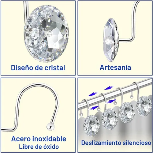 Miniatura 3 de 12 piezas de ganchos para cortina de ducha para baño, ganchos para cortinas de ducha de acero inoxidable resistentes al óxido con strass decorativos