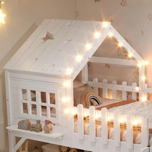 Miniatura 17 de Marco de cama de tamaño matrimonial para niños con escaleras, bonito techo y ventana en forma de estrella para niños y niñas, cama de plataforma