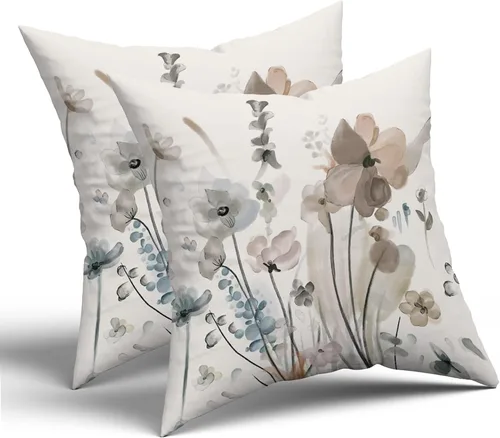 Miniatura 2 de Juego de 2 fundas de almohada florales en acuarela de 18 x 18 pulgadas, color marrón, crema, gris, verde azulado, floral, rústico, abstracto