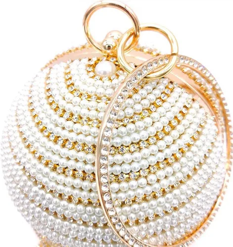 Miniatura 3 de QZUnique Bolso de mano redondo con borla de cristal y perlas asa redonda para boda bolso de hombro