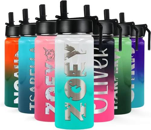 Miniatura 25 de Botella de agua personalizada para niños con tapa de popote en azul aguamarina degradado para la escuela, nombre personalizado para niños, 18 onzas