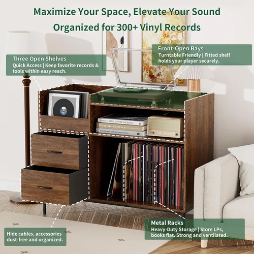 Miniatura 5 de Soporte para tocadiscos con almacenamiento para más de 500 álbumes, estante y cajones modernos de mediados de siglo, consola de audio de madera