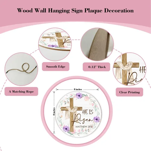 Miniatura 2 de Placa de madera para colgar en la pared, regalo para Pascua cristiana, letrero redondo de madera con cordel, decoración de cruz floral, puerta