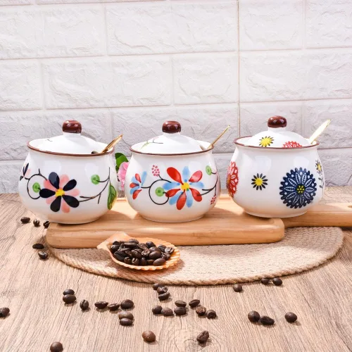 Miniatura 6 de Azucarero de cerámica con tapa y cuchara, recipiente de azúcar floral pintado a mano de 10.8 onzas para cocina, tarro de especias de porcelana HH