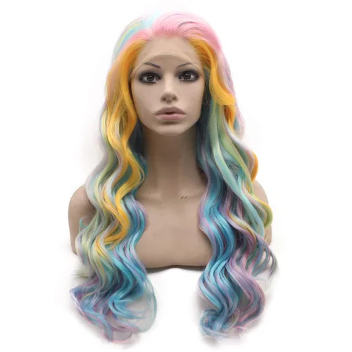 Mxangel - Peluca de cabello sintético largo ondulado azul cielo amarillo colorido encaje frontal fibra resistente al calor Cosplay