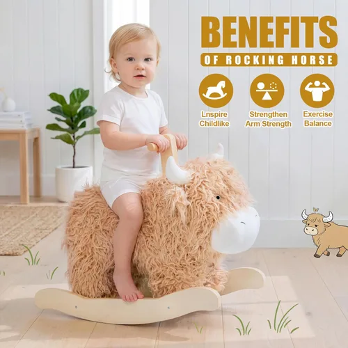 Miniatura 4 de Caballo mecedora bebé para 1 año de edad, caballo de madera de vaca/yak con balanceo con caña y peluche de madera, juguete de montar para niñas