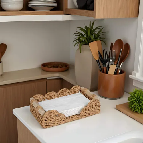 Miniatura 4 de CubesLand Servilletero festoneado para decoración de baño, dispensador de servilletas plano de cuerda de papel, bandeja para toallas de invitados